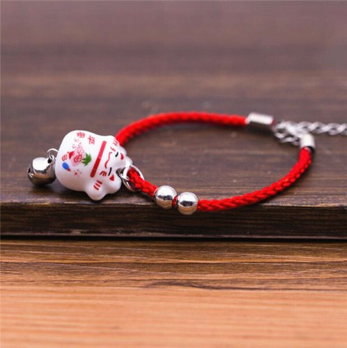 x3 Maneki Neko Lucky Ceramic Fortune Cats Pendant Red Rope Bracelets Fengshui ^ - Bild 3 von 9