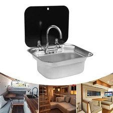 RV Caravan Camper Boat Stainless Steel Hand Wash Basin Kitchen Sink + Lid Faucet