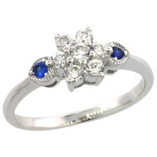 Sterling Silver Flower Engagement Ring w/ Blue Sapphire Color  Clear CZ Stones