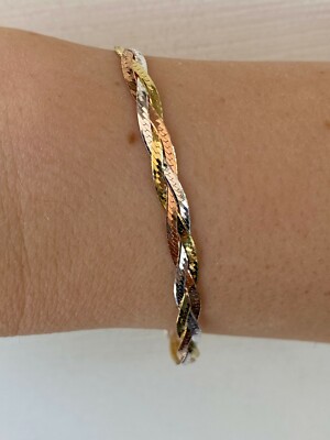 Solid 925 Silver Tri Color Yellow Rose Gold Plated Twisted Braided Herringbone