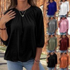 Women 3/4 Puff Sleeve Neck Pleated Top Elastic Hem Casual Loose Fit T-Shirt