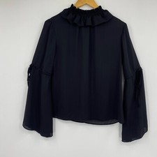 Banana Republic Womens Long Sleeve Smocked Ruffle Neck Top Black Sz XS