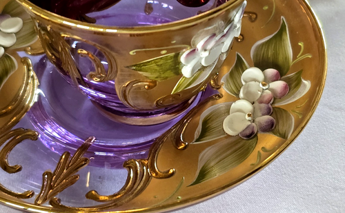 Murano Venezia Art Glass & Gold Demitasse Teacup/Saucer Enamel Flowers - Picture 5 of 13