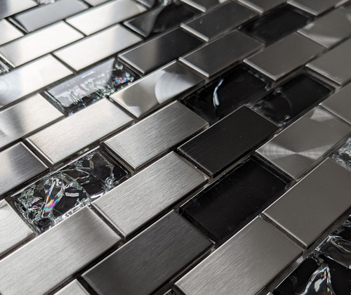 Black Crackle Glass Brushed Steel Silver Metal Brick Rectangle Mosaic Wall Tiles - Picture 5 of 5