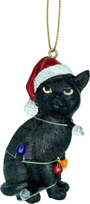 Black Cat Christmas Tree Ornament with Santa Hat Wrapped in Colored Lights
