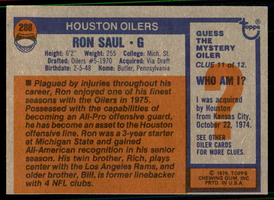 1976 Topps Ron Saul A Football Cards #208 - Image 2 of 2