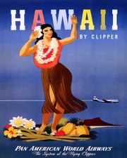 POSTER TRAVEL HAWAII BY CLIPPER AIRPLANE FLIGHT HULA GIRL VINTAGE REPRO FREE S/H