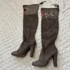 ZIGI SOHO 9 Bryna Floral Embroidered Zip Over the Knee Heeled Boots Suede Boho