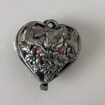Hanging Vintage Walden Pewter Metal Hummingbird Heart Sachet Potpourri Holder