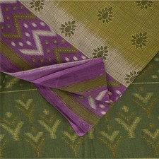 Sanskriti Vintage Sarees Green Pure Cotton Ikat Print Border Sari 5 Yd Fabric