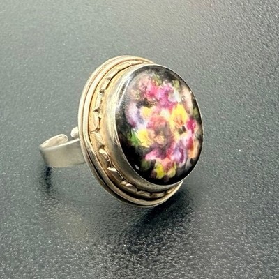 Mid Century Studio Silver Hand Painted Porcelain Statement Ring