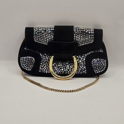 Vintage Dolce & Gabbana Y2K Black Suede Crystal Embellished D-Ring Chain Clutch