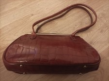 Vintage French Texier Brown Tan Mock Croc Clasp Shoulder Bag handbag 
