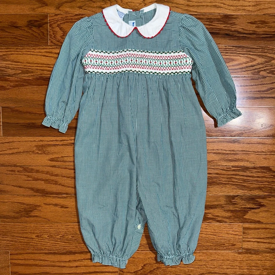 Mameluco de Navidad Silly Goose Baby Hand Smocked verde guinga talla 18M Foto 2 de 4