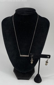 925 Sterling Silver 17.75" Engraved Necklace & Citrine Dangle Earrings 7.33g