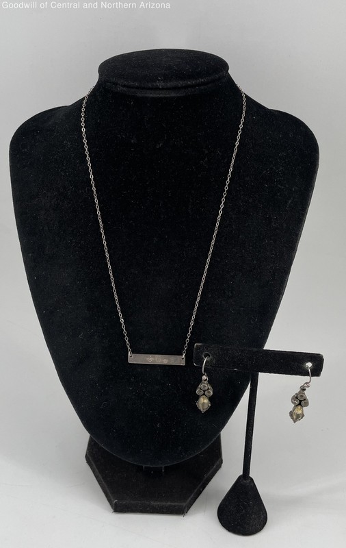 925 Sterling Silver 17.75" Engraved Necklace & Citrine Dangle Earrings 7.33g