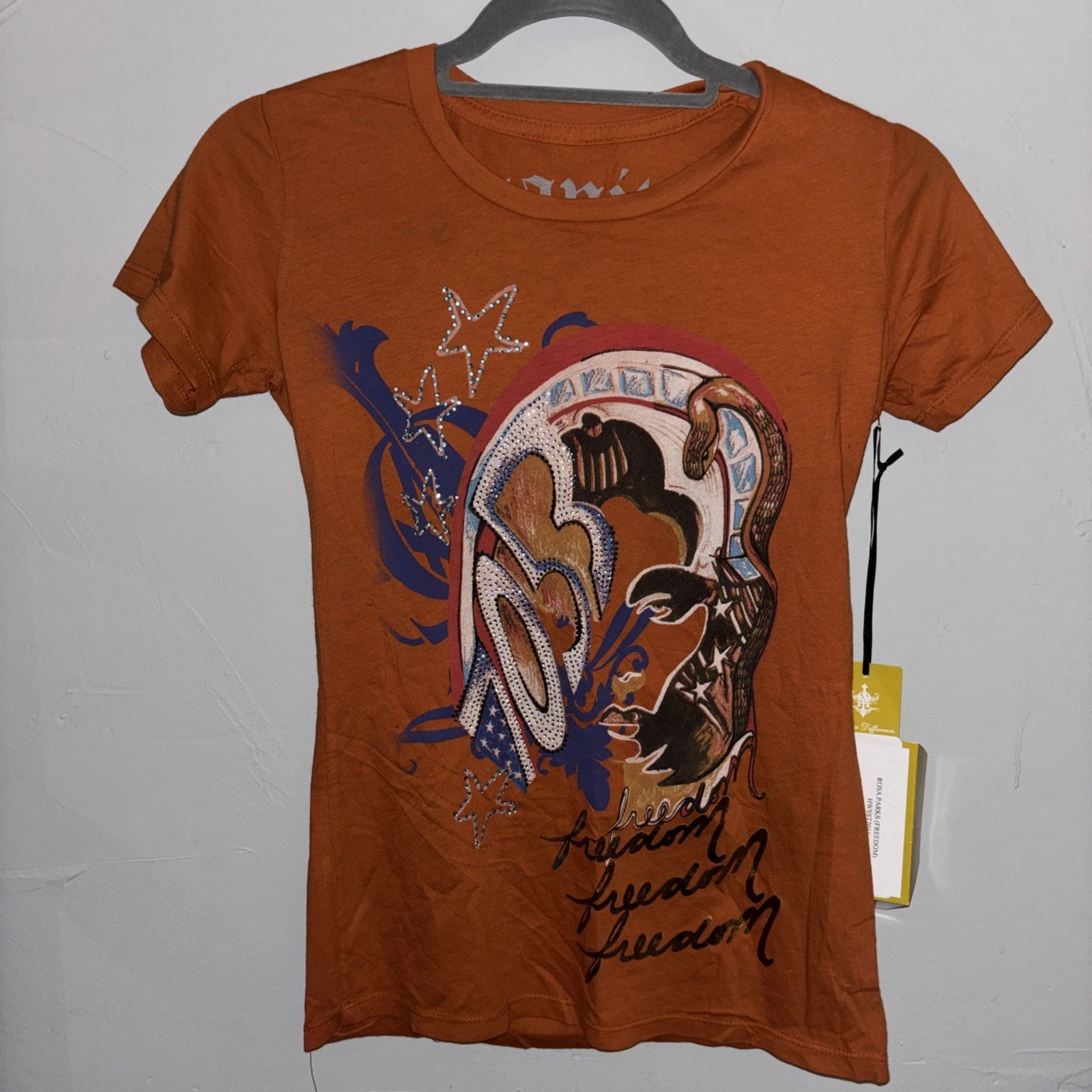 Rare Vintage NWOT Humanity Embellished Freedom Rosa Parks orange T-Shirt Small