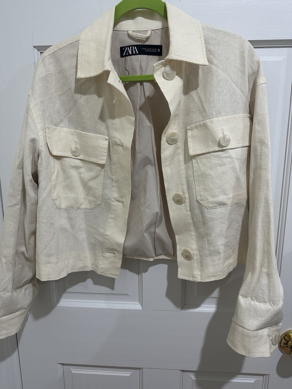 ZARA Women’s Cream Cropped Jacket Linen Blend Button Front Size XS