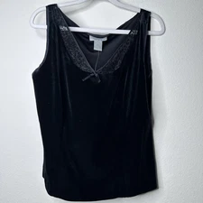 VTG Y2K August Silk Logic Velour Balck Lace Tank Womens Size 8 Dainty Dark Acade