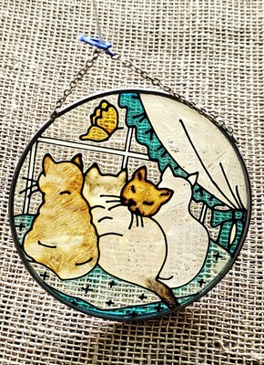 Vintage Joan Baker Suncatcher Stain Glass Cat In Window 4.5'' & 5.25'' 1 Other