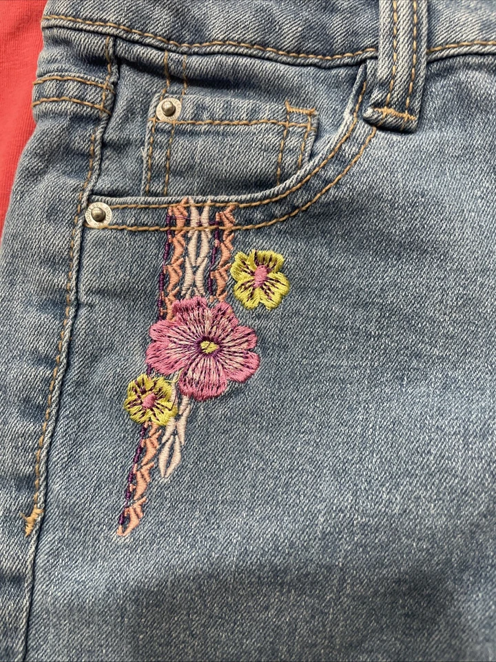 Route 66 Jean Denim Shorts Embroider Flower Adj Waist Girls Size 6X + Kiwi Shirt - Image 2 of 4