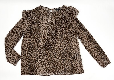 TopShop Shirt Womens 6 Brown Animal Print Blouse Long Sleeve Cold Shoulder