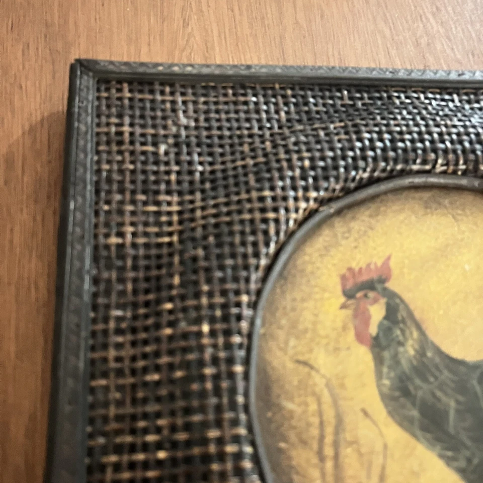Framed Rooster Painting Print Rattan Wicker Wall Art - Image 2 of 4