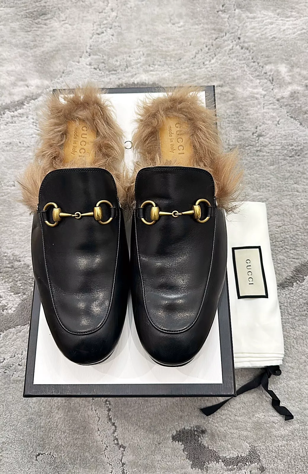 Authentique pantoufles/mule Gucci Princetown cuir noir fourrure homme US9,5 EU43 UK9