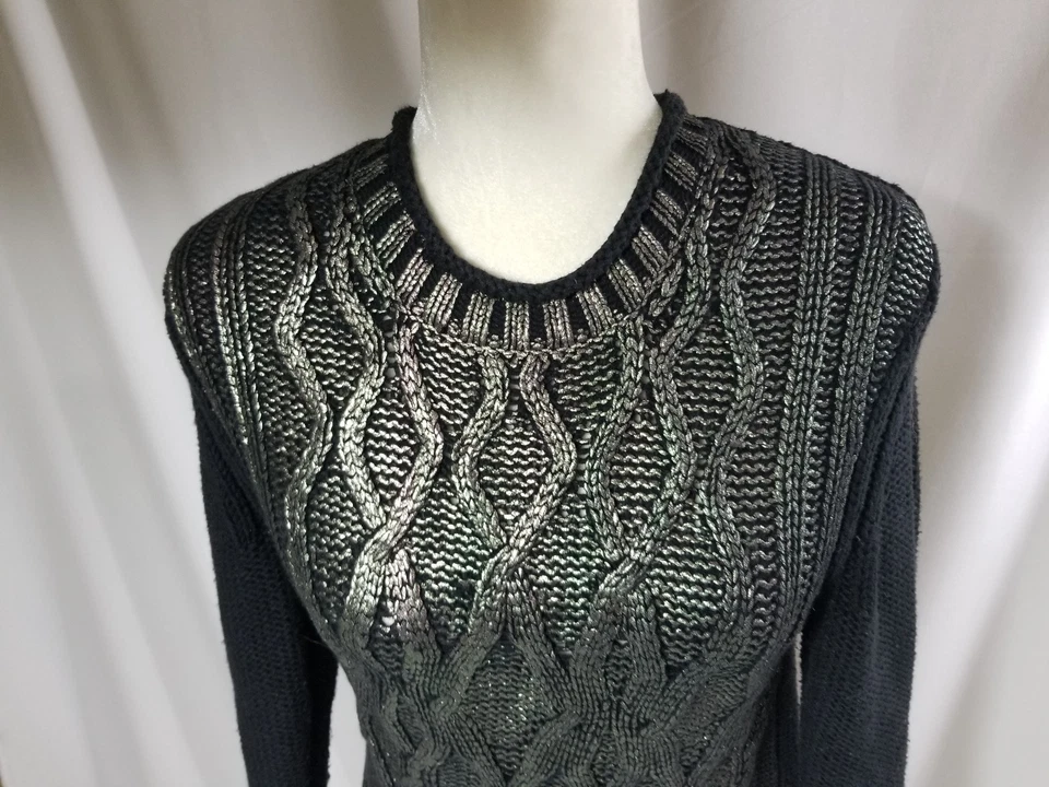 Narciso Rodriguez Black Silver Shimmery Cble Knit Sweater Size X-Small - Image 2 of 4