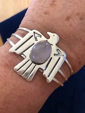 Rose Quartz Bangle Cuff Bracelet Thunderbird Fits Wrist 6.5”-8” Artisan Made