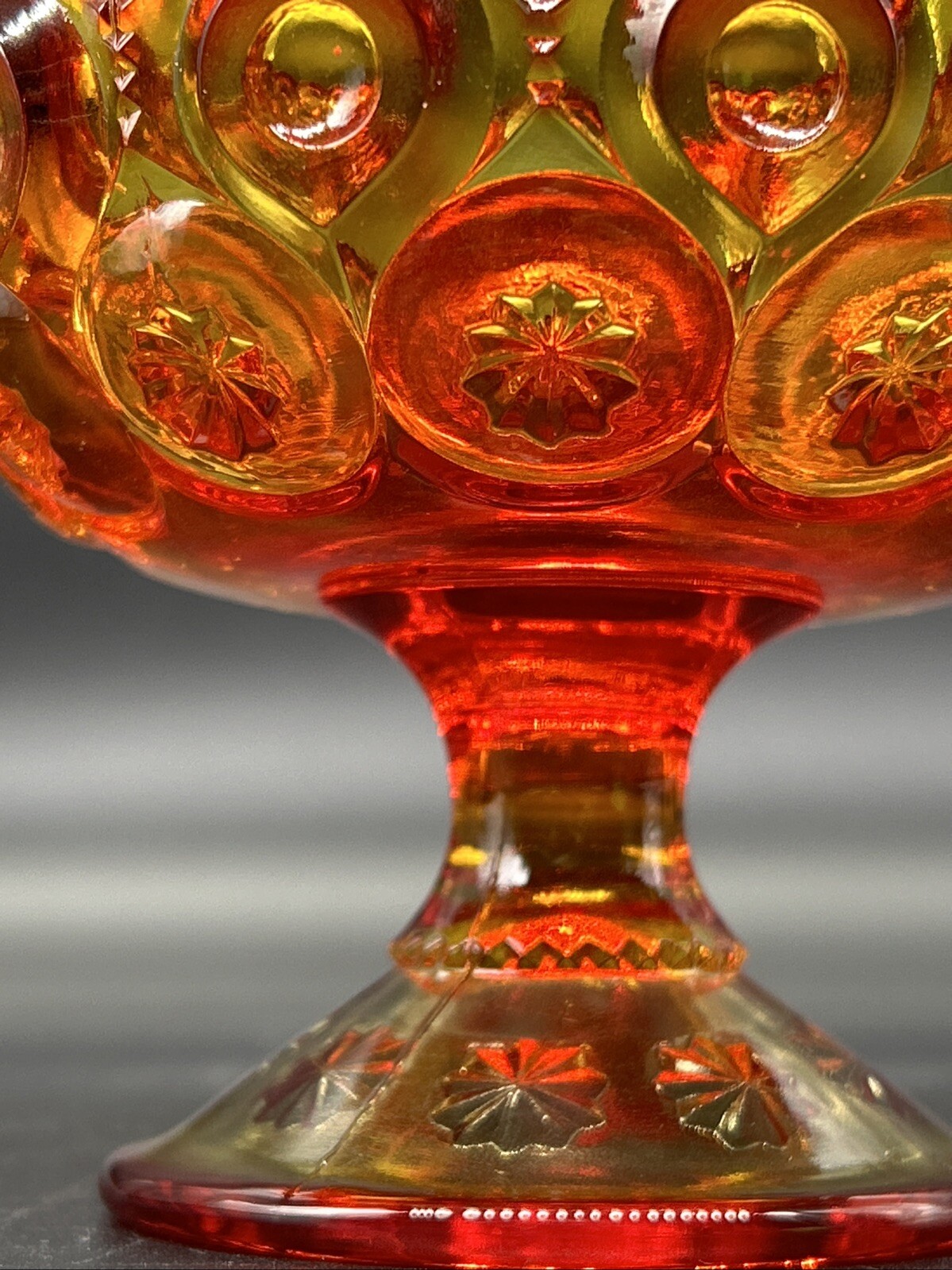 L.E. Smith Moon & Stars Ruby Red & Orange Amberina Candleholder Compote Bowl