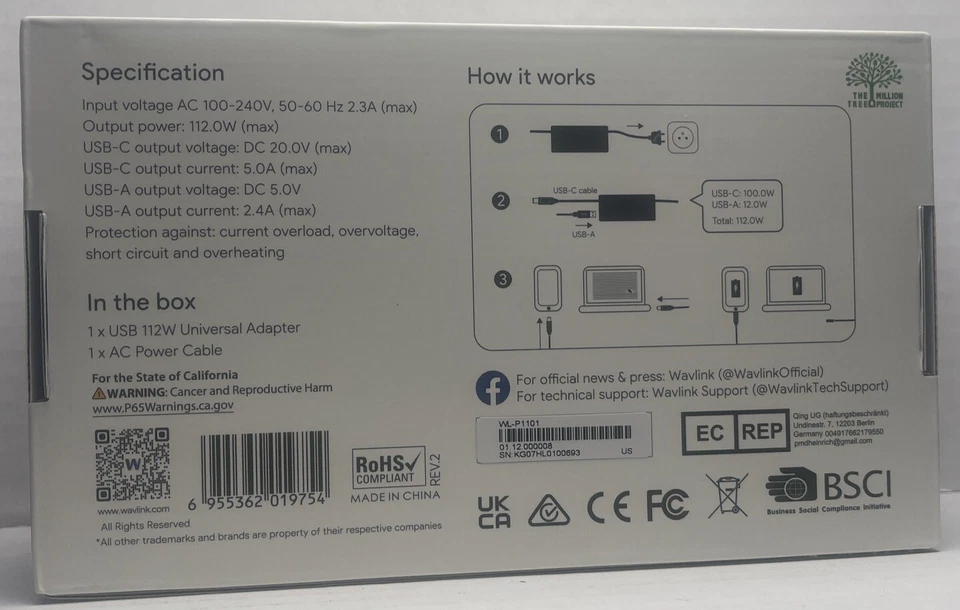 WAVLINK 112W Universal Power Supply Charger USB C Laptop Adapter 100W AC Adapter - Image 2 of 2