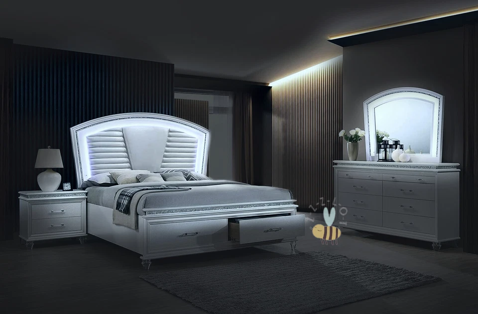 NEW Pearl White LED Queen King 4PC Bedroom Set Modern Glam Furniture Bed/D/M/N - Image 2 of 4