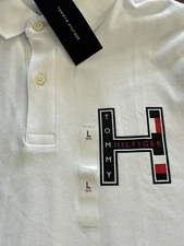 NWT Tommy Hilfiger Large Polo Shirt Short Sleeve White Blue H Logo NEW Soft