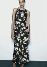 ZARA NEW WOMAN GATHERED FLORAL PRINT MIDI DRESS  L LARGE 8387/218 EASTER SPRING