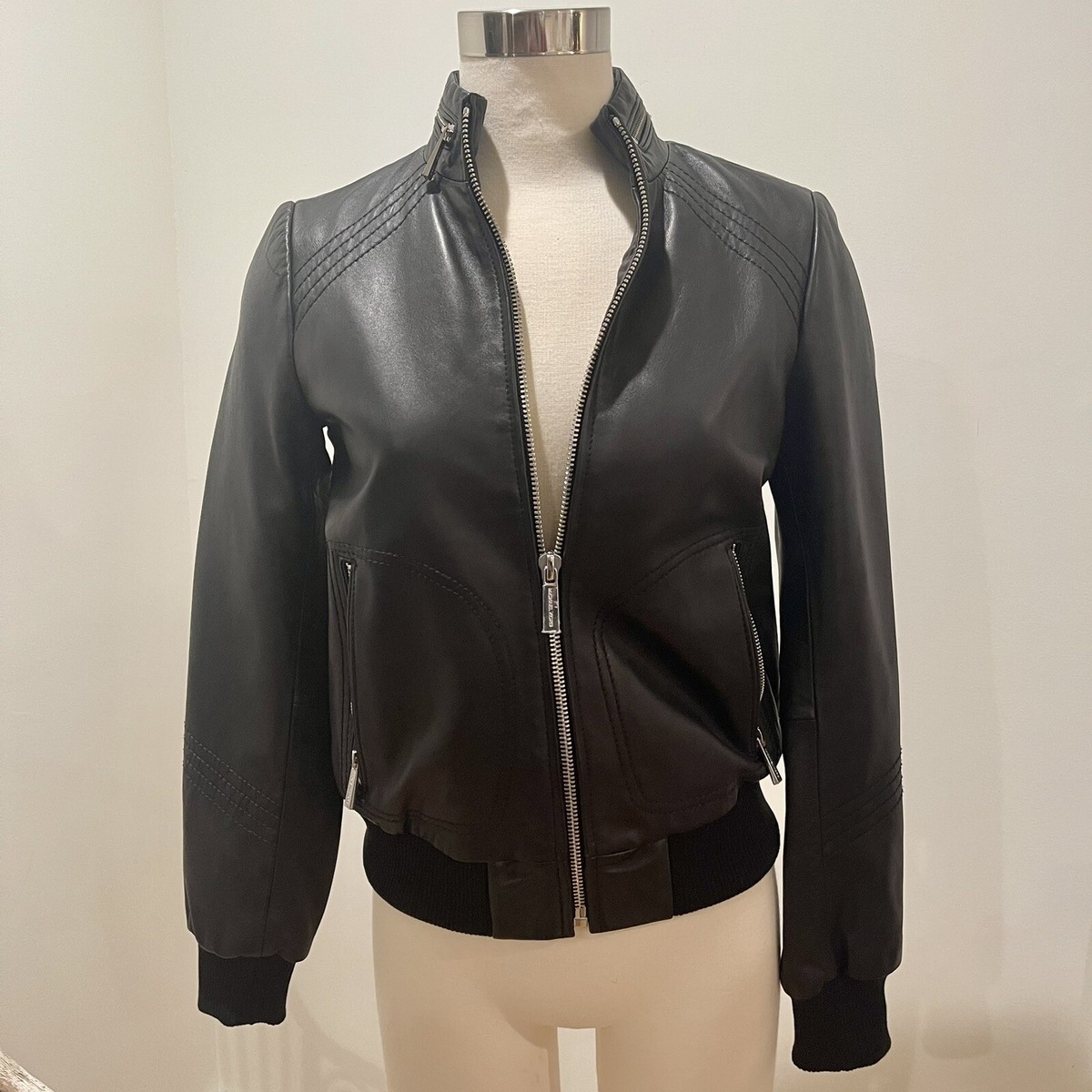 Michael Kors Leather Zip Moto Bomber Jacket Womens Size XS