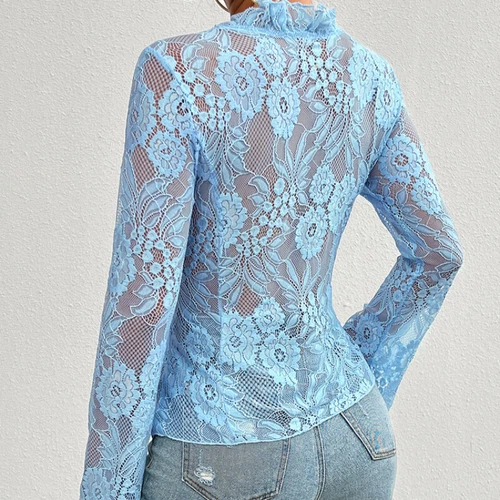 Sexy Damenbluse mit Blumenspitze zum Binden vorne durchsichtig V-Ausschnitt Cardigan Rüschenbluse - Bild 18 von 28