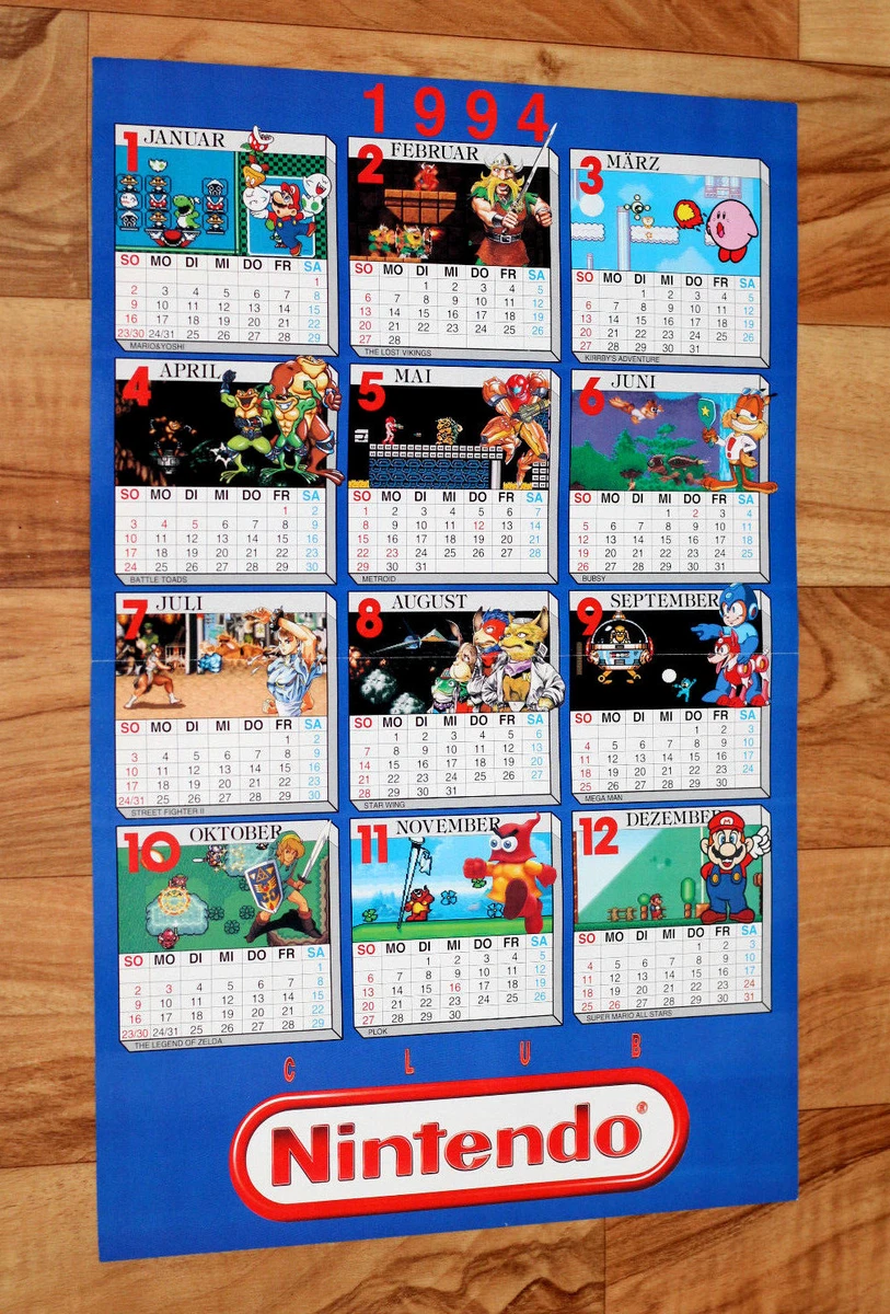 1994 Vintage Nintendo Calendar Poster Mario Yoshi Metroid Star Wing Zelda Plok