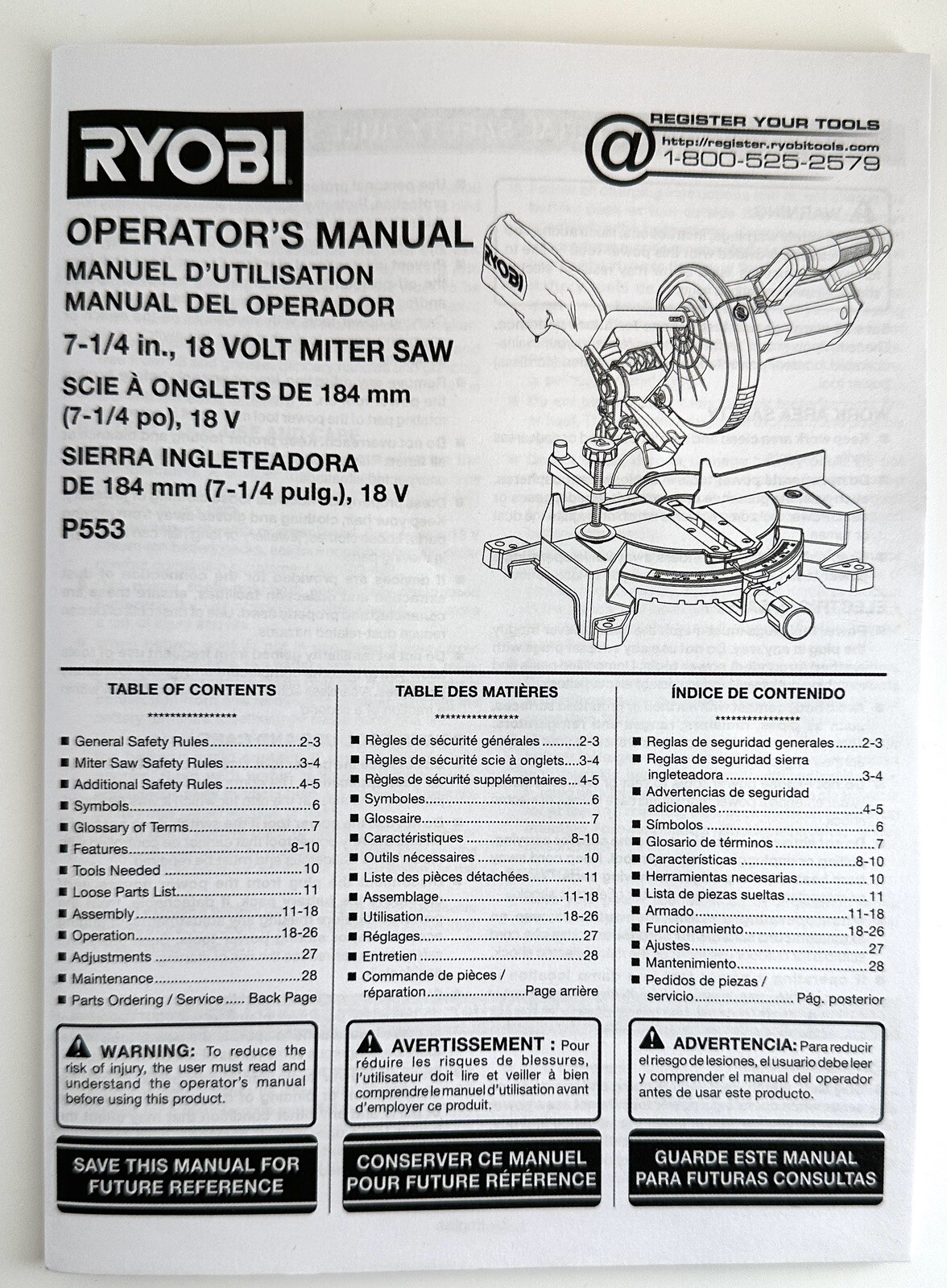 Ryobi One+ 18V 7 1/4 in Compound Miter Saw Cordless Tool Only Model P553