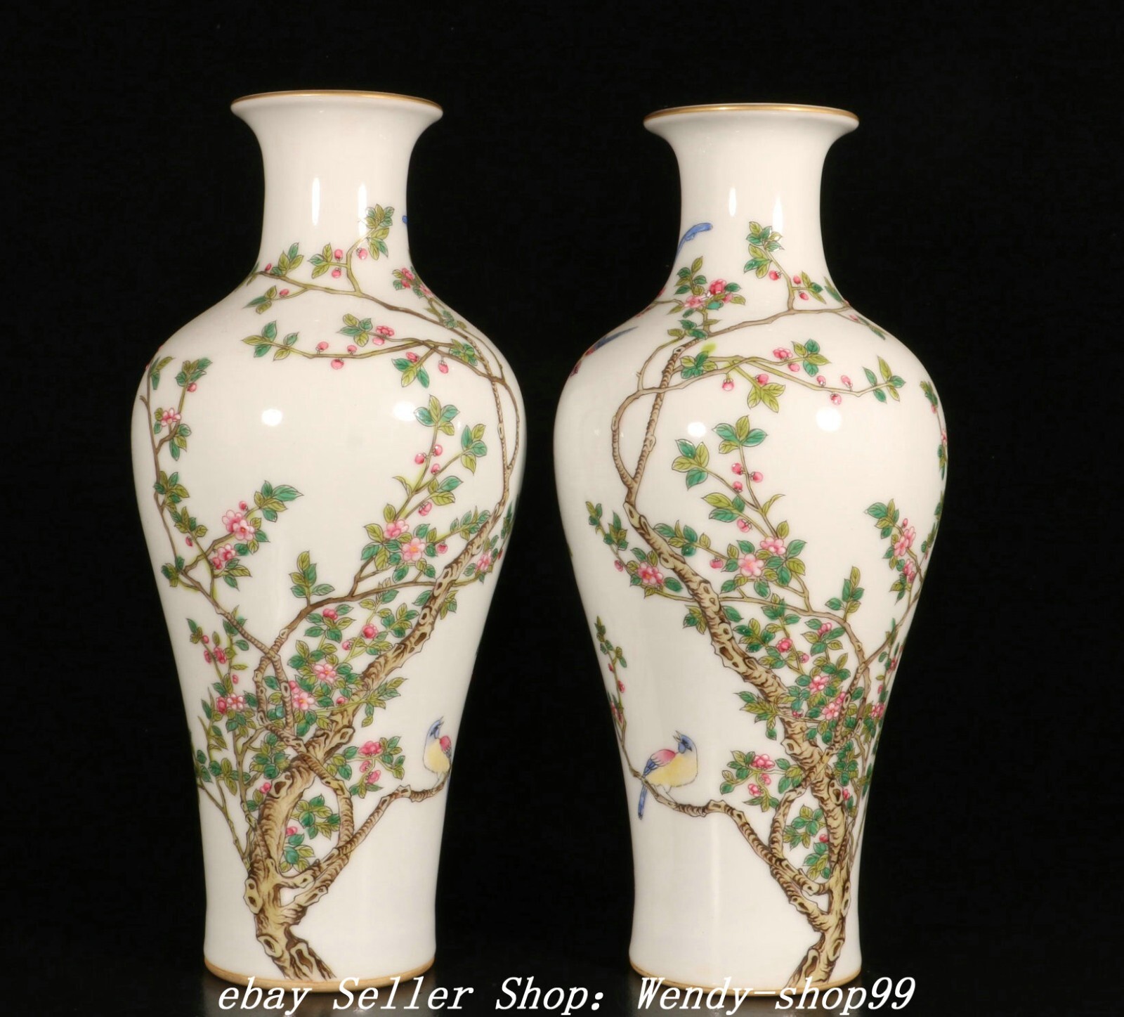 10'' Yongzheng Famille Rose Porcelain Gilt Flower Bird Pattern Bottle Vase Pair