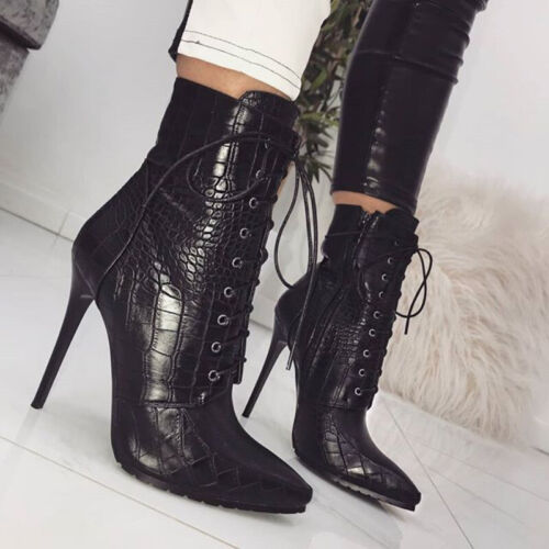 Women's Zip Up High Heels Pumps Lace Up Ankle Boots Shoes Sexy - Picture 1 of 9