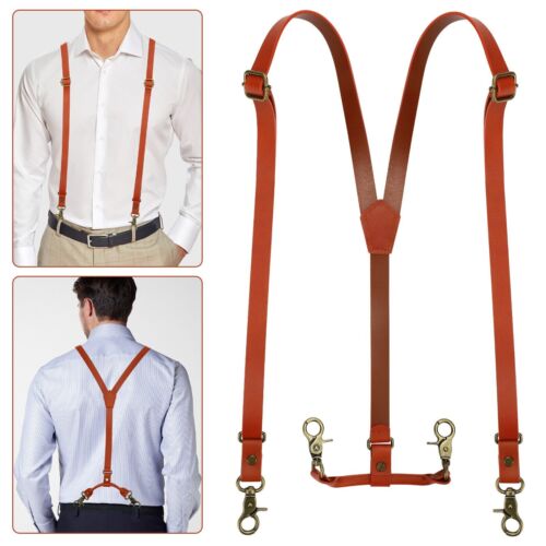 55in Vintage Brown Leather Suspenders Y Back Braces Belts 4 Brass Hooks for Men - Picture 1 of 6