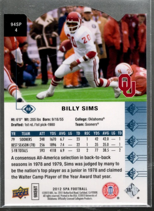 B1151- 2012 SP Authentic 1994 SP Die Cut #94SP4 Billy Sims SAMPLE PIC - Image 2 of 2