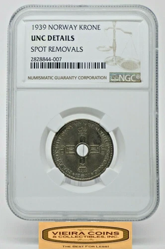 1939 Norway 1 Krone, NGC UNC DETAILS Spot Removals - #B24238