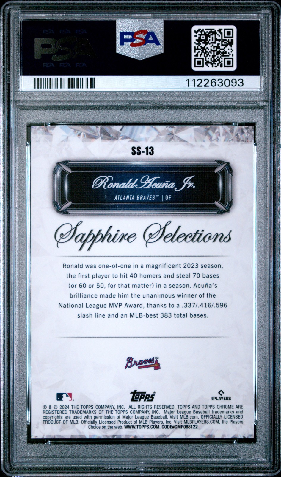2024 Topps Chrome Sapphire Selections #SS13 Ronald Acuna Jr. Gold PSA 10 view 2