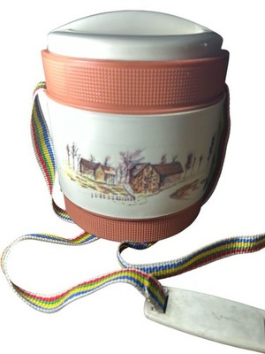 Vintage Milton Thermos Canteen W/ Rainbow Shoulder Strap White Homestead Theme