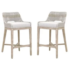 Home Square 2 Piece Upholstered Patio Bar Stool Set in Taupe and White