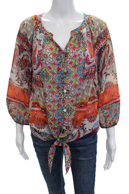 Fig & Flower Women Bohemian Paisley V-Neck Button-Up Blouse Size M