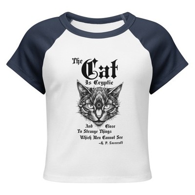 ''Cryptic Cat'' H P Lovecraft Women s raglan Magic Horror Supernatural Mystery