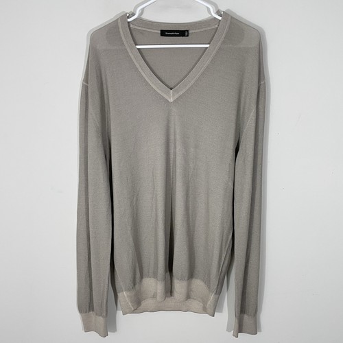 Ermenegildo Zegna Taupe Beige Silk Wool V-Neck Sweater Mens Size XL 54 Knit